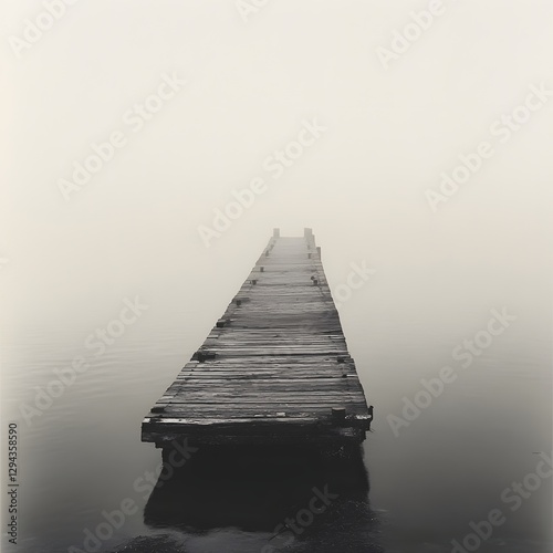 Abandoned wooden pier extending into a vast, misty sea, evoking solitude and nostalgia in monochrome tones photo