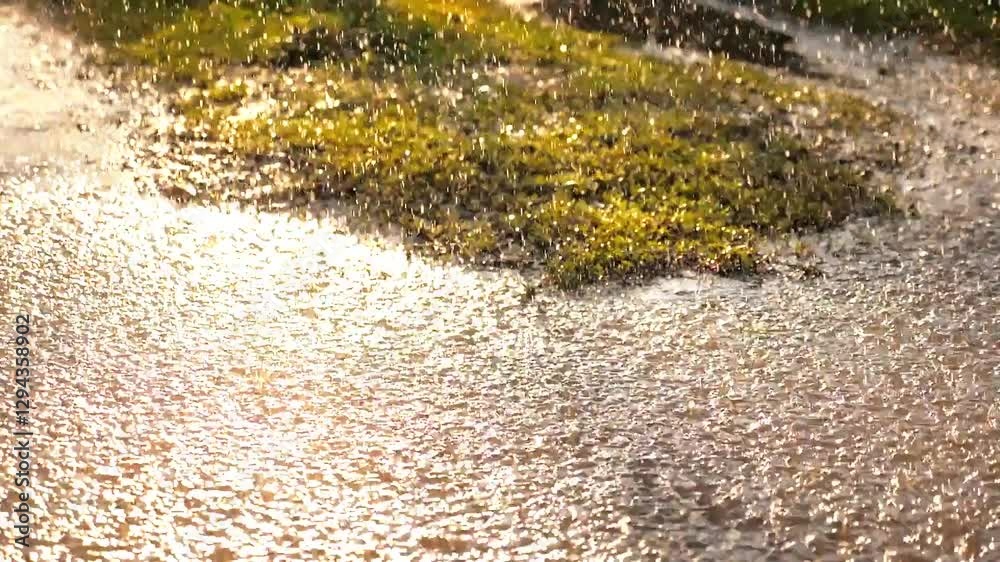 grass stretches towards the sky, the garden feels refreshed, droplets reflect tiny rainbows, a symphony of nature unfolds, peace is found in nature s rhythm, water nourishes the roots below, each