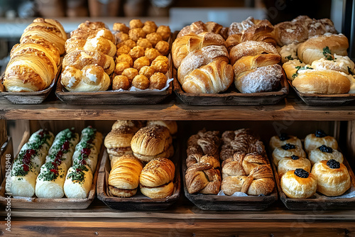Assorted Bakery Goods Displayed On Wooden Shelves