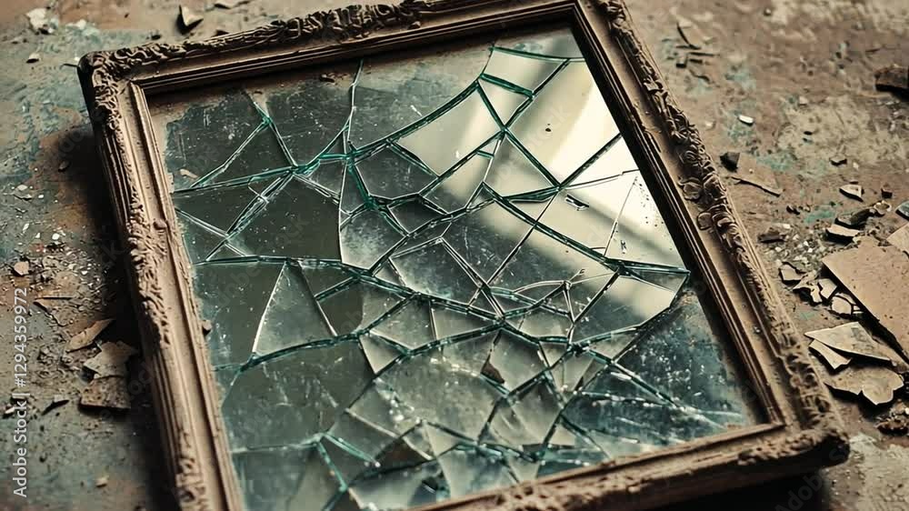 Disturbing broken mirror reflects the damage and destruction of decay concept