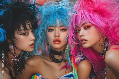 Three Colorful Fashion Models with Vibrant Hairstyles and Makeup. A Creative and Artistic Portrait Photo Shoot. photo