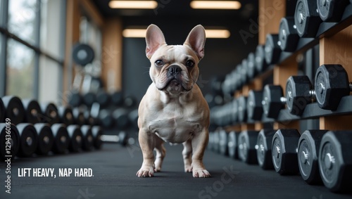 A determined French Bulldog standing at a fitness center with weights in the background, showcasing a playful yet motivational atmosphere