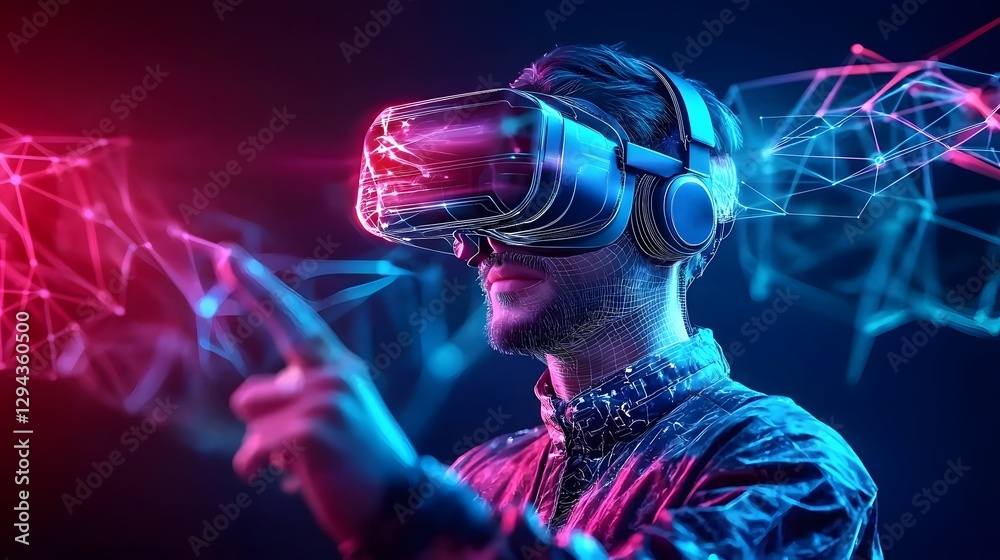 Close up of a person wearing a sleek futuristic VR headset illuminated by mesmerizing holographic light waves in a dynamic digital environment that enhances the sense of virtual reality immersion Close up of a person wearing a sleek futuristic VR headset illuminated by mesmerizing holographic light waves in a dynamic digital environment that enhances the sense of virtual reality immersion