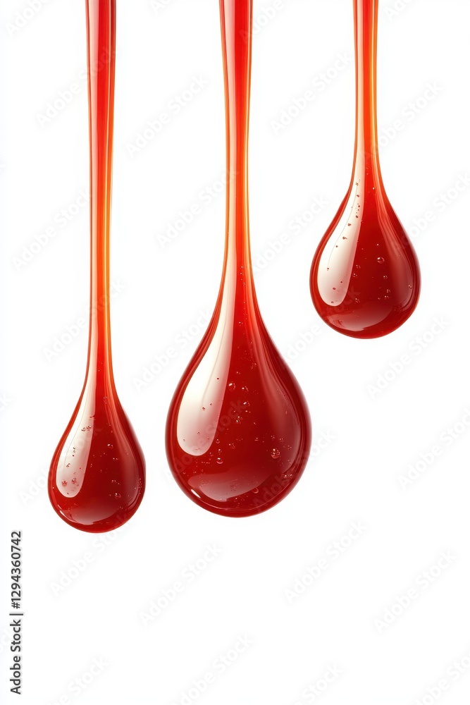 Three glossy red liquid drops on a white background creating a visually striking and modern abstract design with clean lines Three glossy red liquid drops on a white background creating a visually striking and modern abstract design with clean lines