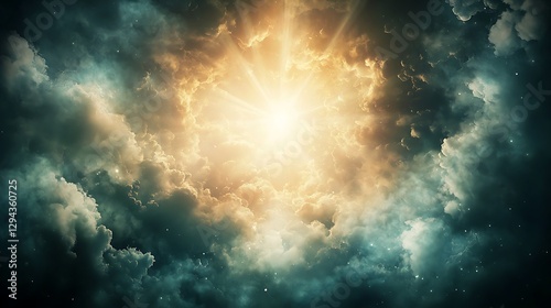 Fototapeta Naklejka Na Ścianę i Meble -  A cloudy sky with dark clouds broken by rays of sunlight, creating a dramatic and inspiring scene as light filters through, adding a sense of hope.