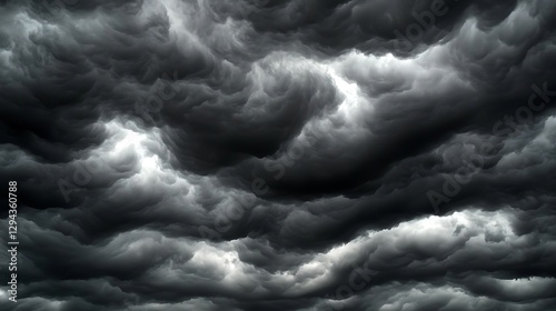 Fototapeta Naklejka Na Ścianę i Meble -  A cloudy sky with dark grey clouds contrasting against patches of blue, creating a dramatic and moody atmosphere.