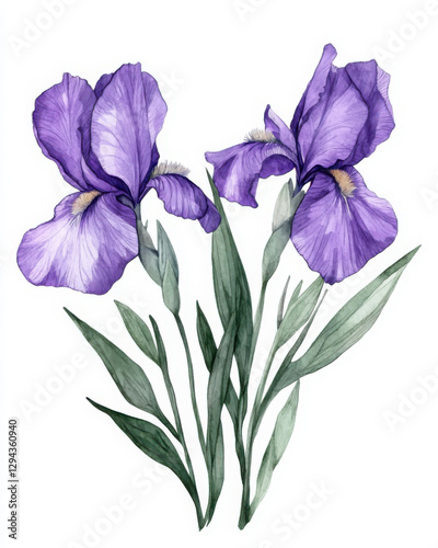 Tender purple Iris flowers. Watercolor illustration.