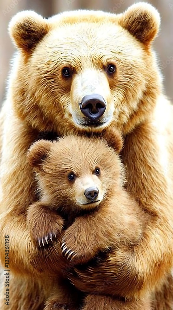 Obraz premium Mama Bear Protecting Cub in Forest