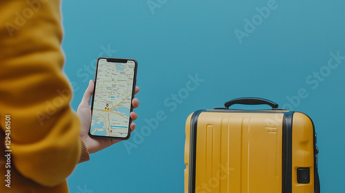 Man's hand holding phone with a digital map, near suitcase. Traveler using modern technology to navigate. Location tracking. Interactive digital map. Smart suitcase. Traveling, travel concept