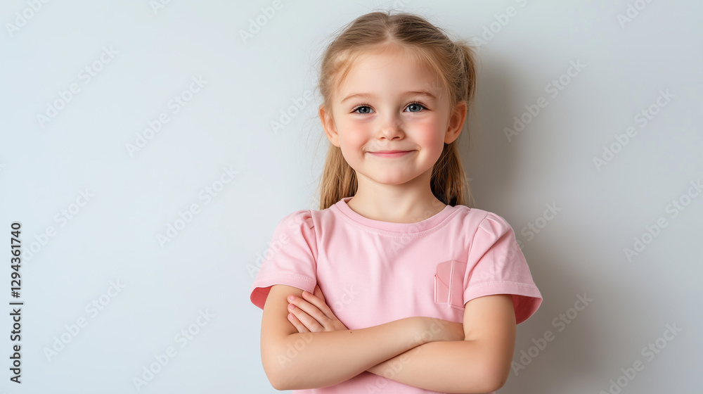 smiling girl with crossed arms, wearing pink shirt, stands against light background, exuding confidence and joy smiling girl with crossed arms, wearing pink shirt, stands against light background, exuding confidence and joy