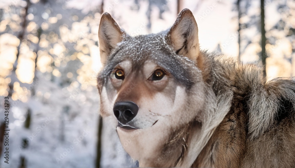 Naklejka premium Wolf looking majestic in snowy winter forest at sunset