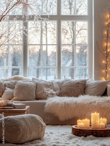 Cozy living room with a wintery view and candles photo