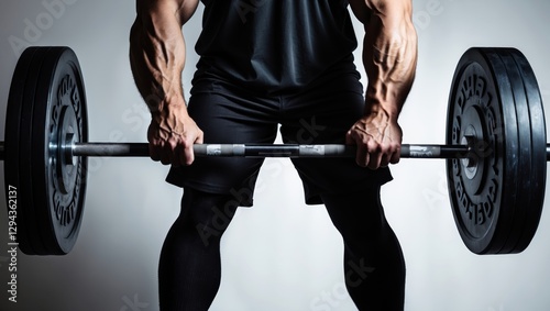 Strong male athlete lifting a heavy barbell with muscular arms in a defined pose against a light background photo