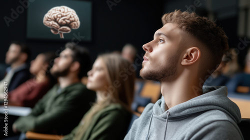 young man attentively listens during health education seminar, surrounded by engaged audience. presentation features brain illustration, emphasizing importance of mental health photo