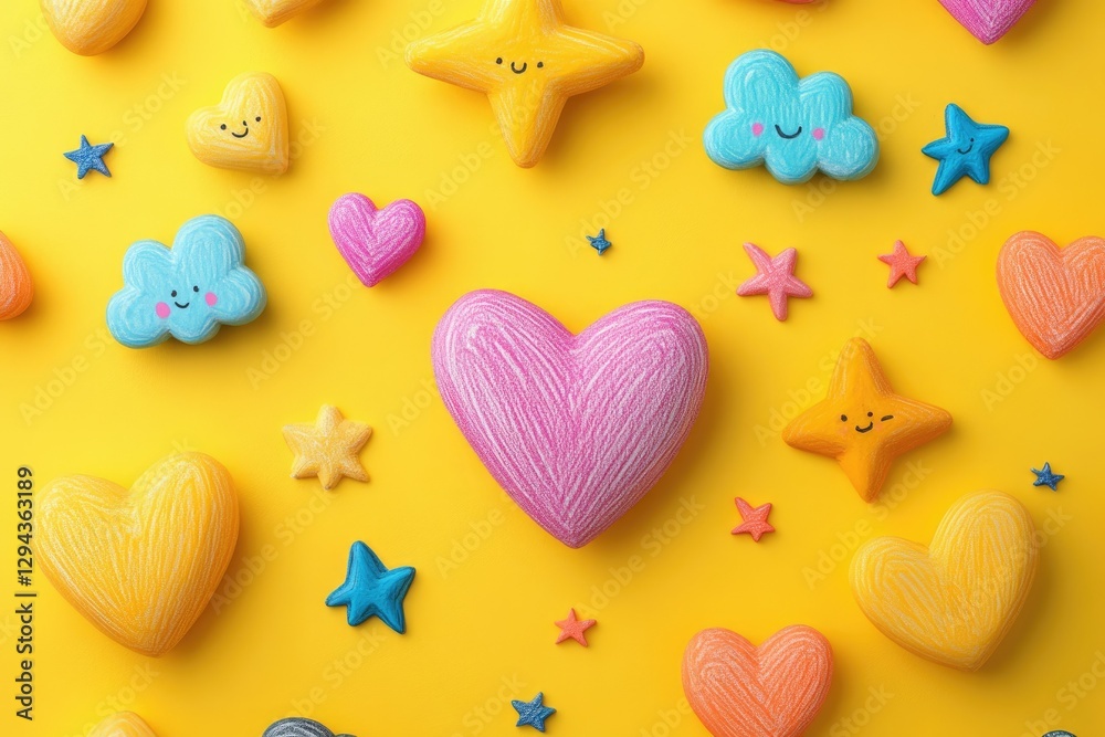 Fototapeta premium Cute cartoon hearts, stars, and clouds on a yellow background.
