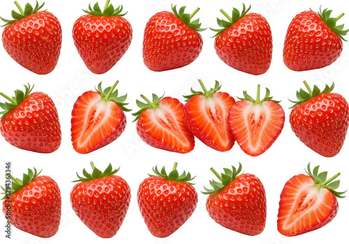 Isolated Fresh Red Strawberries Whole and Cut