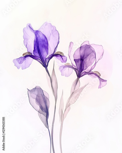 Delicate purple Iris flowers. Ink watercolor style.