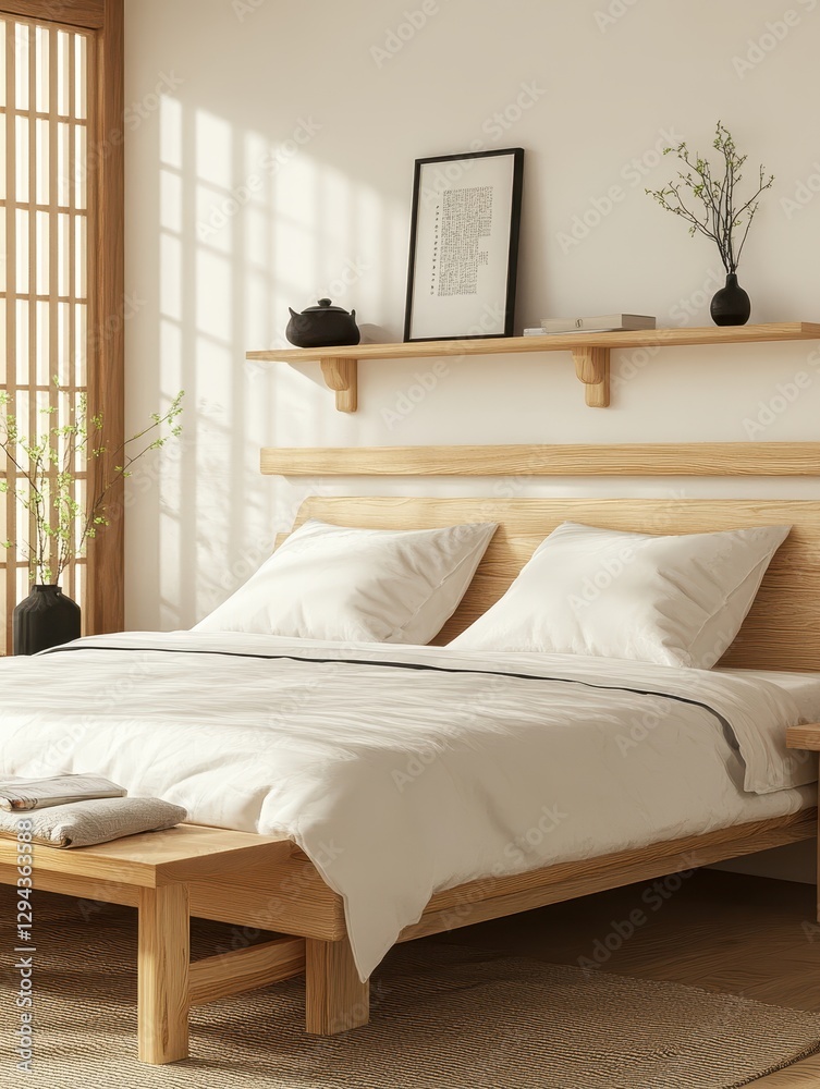 Fototapeta premium A Japanese bedroom with a bed and decorations in it