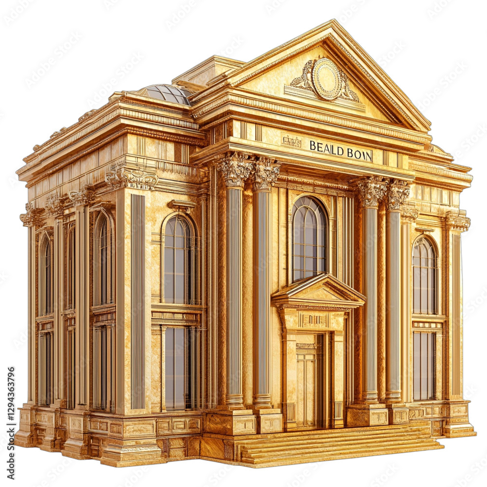 Obraz premium Majestic neoclassical gold-trimmed bank building with grand architecture, isolated on a transparent background.