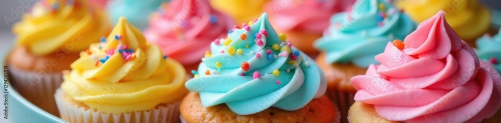 Close-up of colorful frosted cupcakes, sprinkles, swirls , isolated, treat, colorful Close-up of colorful frosted cupcakes, sprinkles, swirls , isolated, treat, colorful