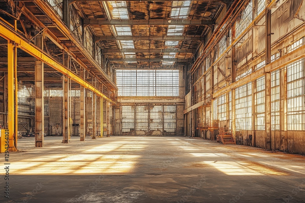 Vast Industrial Space with High Ceilings and Polished Floors in Daylight Vast Industrial Space with High Ceilings and Polished Floors in Daylight