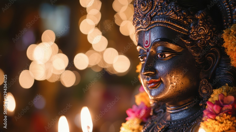 Fototapeta premium A close-up of a Hindu god statue, glowing under temple lights during worship