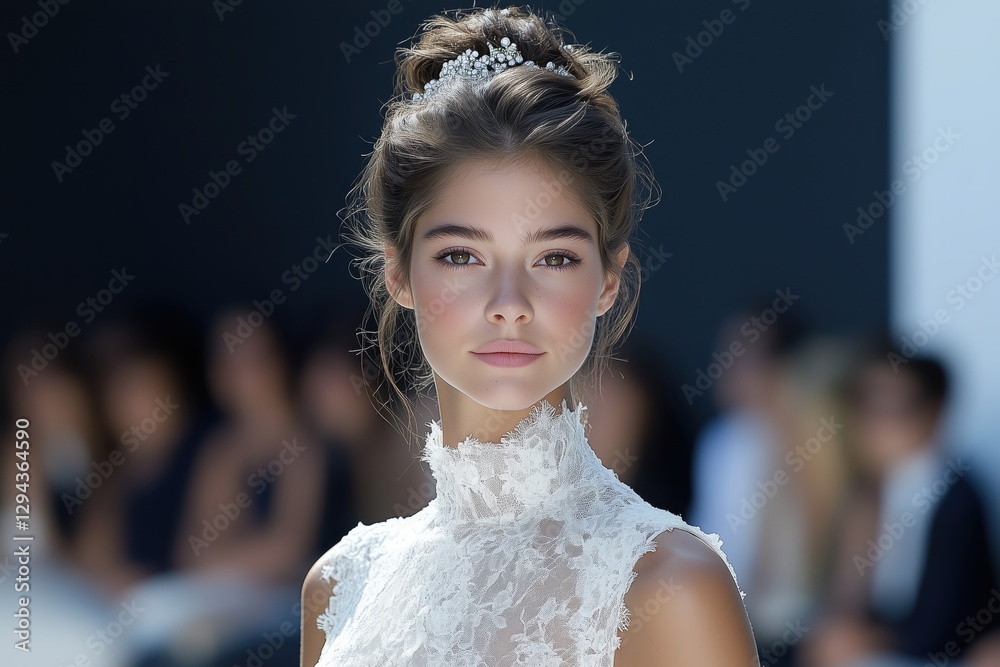 Naklejka premium Stunning Bridal Fashion: Elegant Model in Lace Dress and Pearl Tiara. High Fashion Beauty Portrait. Wedding Style Inspiration.