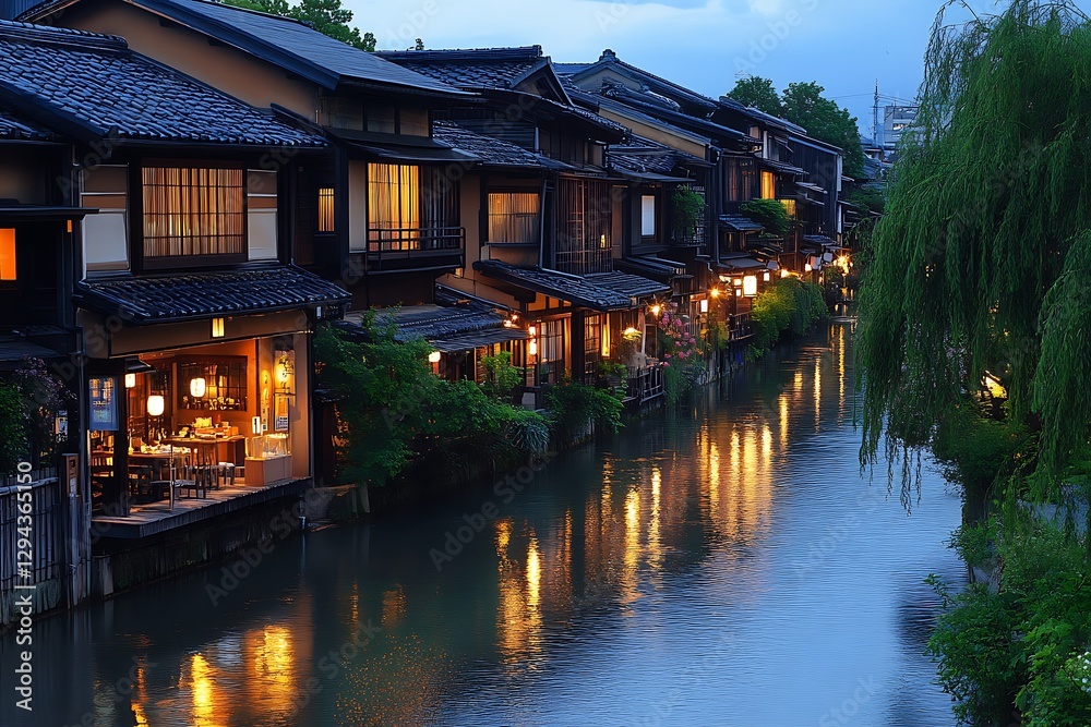 Japanese houses illuminated at night alongside a reflective river Japanese houses illuminated at night alongside a reflective river