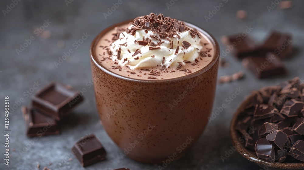 Delicious hot chocolate with whipped cream and chocolate shavings in a brown mug on a gray background food photography Delicious hot chocolate with whipped cream and chocolate shavings in a brown mug on a gray background food photography