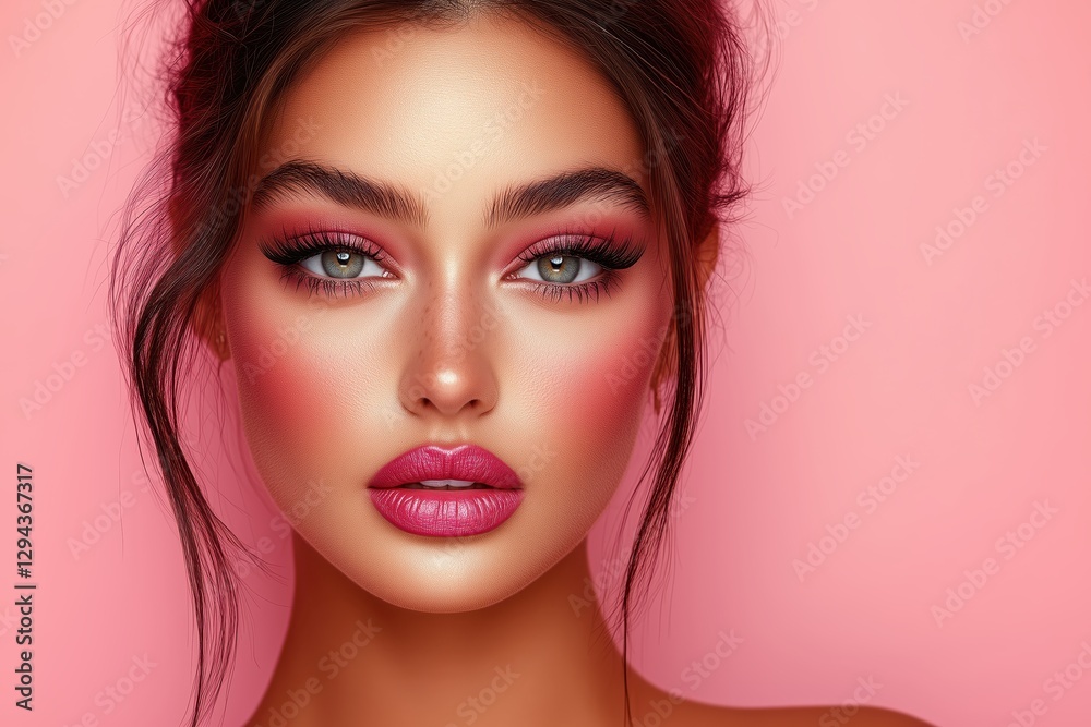 Stunning Close-up Portrait of a Woman with Pink Makeup and a Mesmerizing Gaze. A Captivating Image Showcasing Beauty and Style. Stunning Close-up Portrait of a Woman with Pink Makeup and a Mesmerizing Gaze. A Captivating Image Showcasing Beauty and Style.