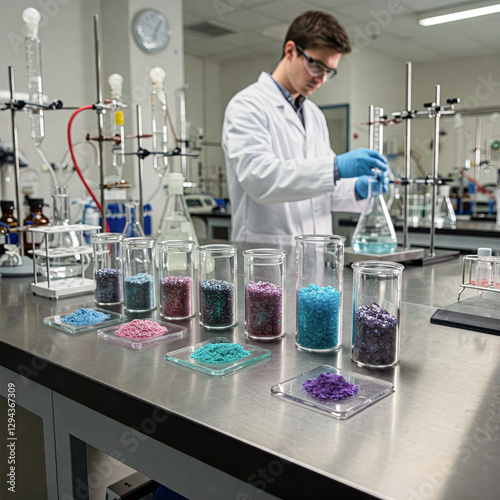 Terre rare in laboratorio di ricerca, con un tecnico ricercatore che fa sperimentazione, materiali preziosi per il mondo della tecnologia