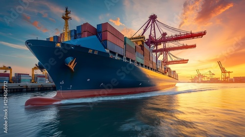 Dynamic view of a container ship departing from a commercial dock cranes in action maritime freight transport connecting international markets global economic movement