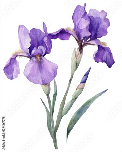 Beautiful purple Iris flowers on a white background. Watercolor illustration.