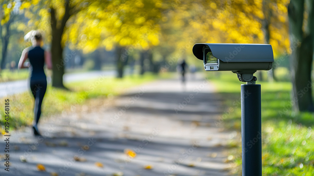 A surveillance camera monitors a scenic pathway where joggers exercise amidst vibrant autumn foliage.