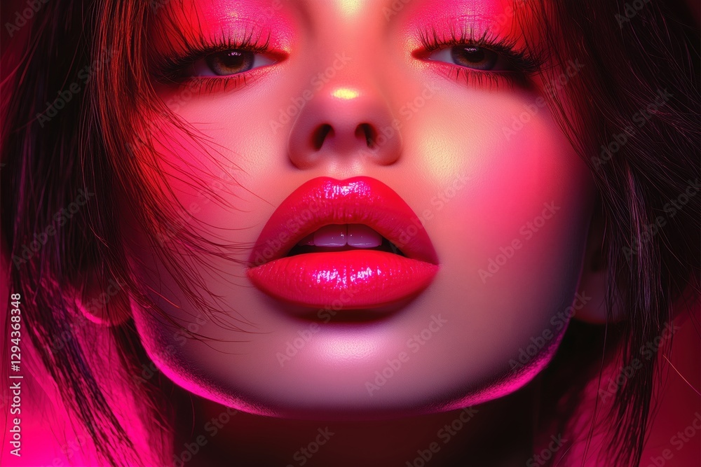 Fototapeta premium Close-up of a Woman's Face with Bright Pink Makeup and Red Lips, Captivating and Sensual Beauty Portrait