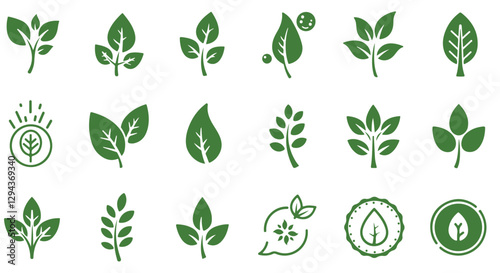 Vector Icon Set Green Leaves, Botanical Symbols, Eco-Friendly Design, Nature Elements
