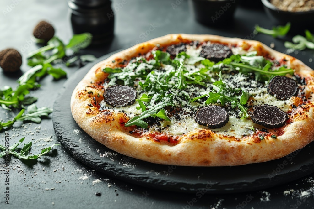 Gourmet pizza is featuring truffle slices, fresh arugula, and mozzarella cheese on a crispy crust Gourmet pizza is featuring truffle slices, fresh arugula, and mozzarella cheese on a crispy crust