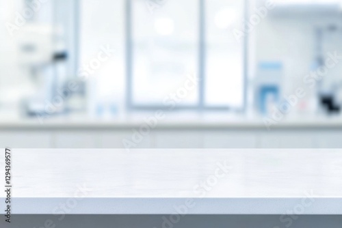 Clean white counter space in a modern facility with blurred equipment and a large window