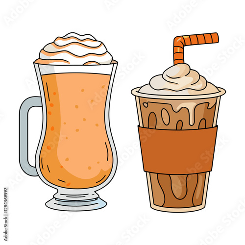 Two autumn drinks with whipped cream, vector style, on white background