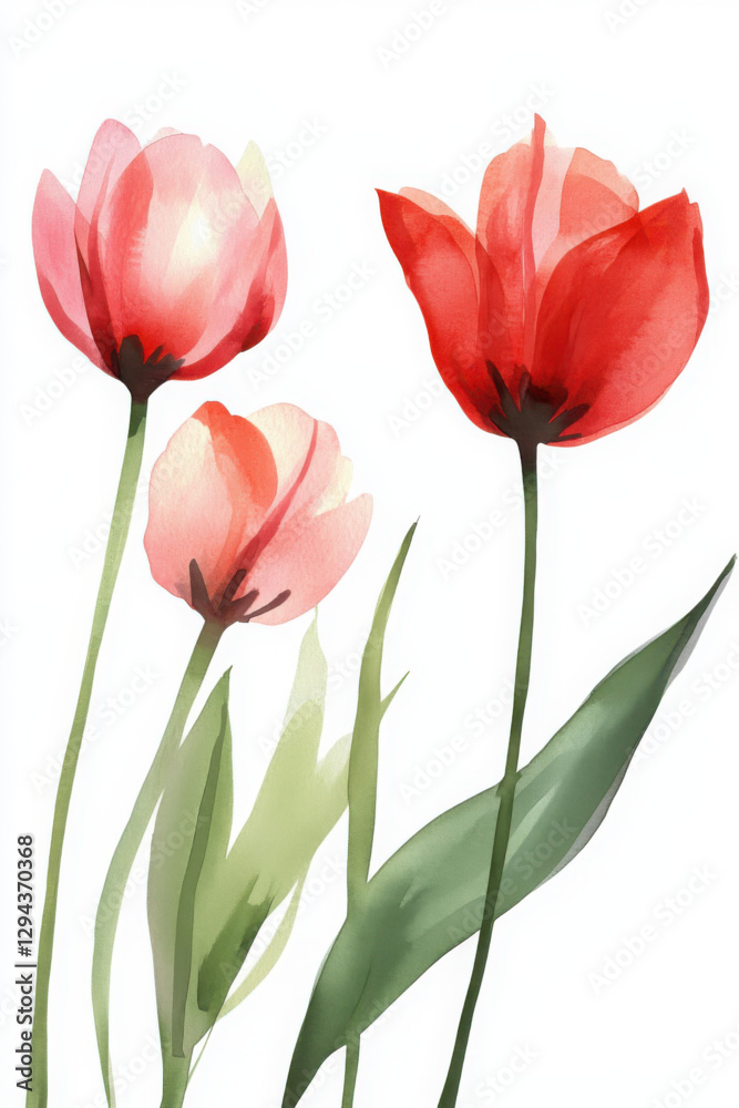 Delicate red pink Tulip flowers on a white background. Watercolor illustration. Delicate red pink Tulip flowers on a white background. Watercolor illustration.