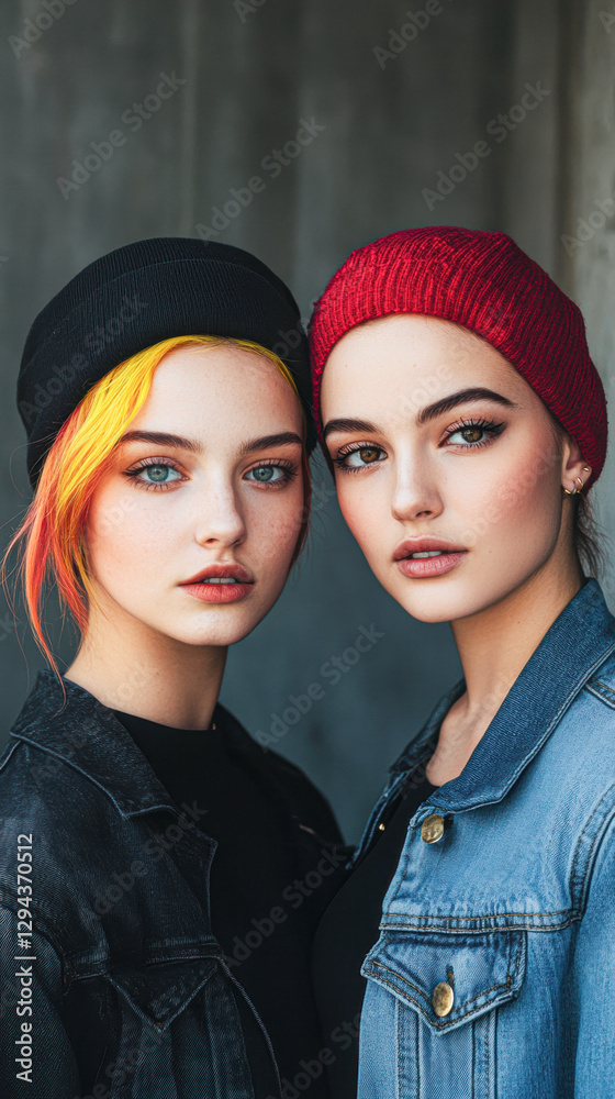 Fashionable portrait of two young women urban setting lifestyle Fashionable portrait of two young women urban setting lifestyle