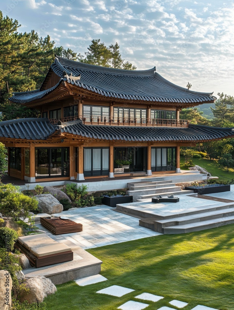 A Japanese traditional architecture building stands among green trees and grass A Japanese traditional architecture building stands among green trees and grass