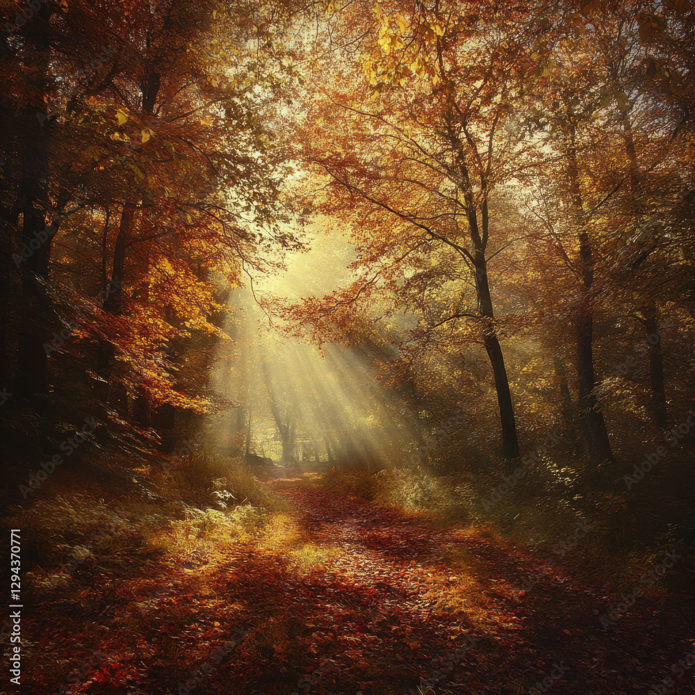 Obraz premium A golden autumn forest with leaves in shades of orange and red, sunbeams filtering through the canopy, soft earthy tones, breathtaking woodland scenery, ultra-detailed textures. 