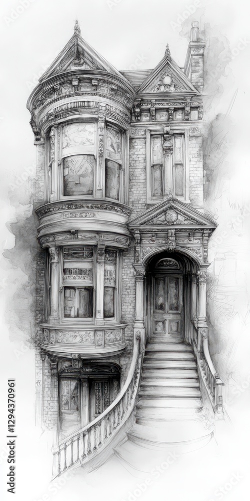 Obraz premium Grayscale Drawing Of A Victorian House With Ornate Details And Exterior Stairs Including Windows And Doors Shown In Monochrome Style With Detailed Perspective Drawing Of Architecture Style Exterior