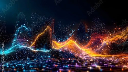 Futuristic big data visualization showcasing glowing data clusters forming intricate patterns machine learning algorithms sorting complex databases