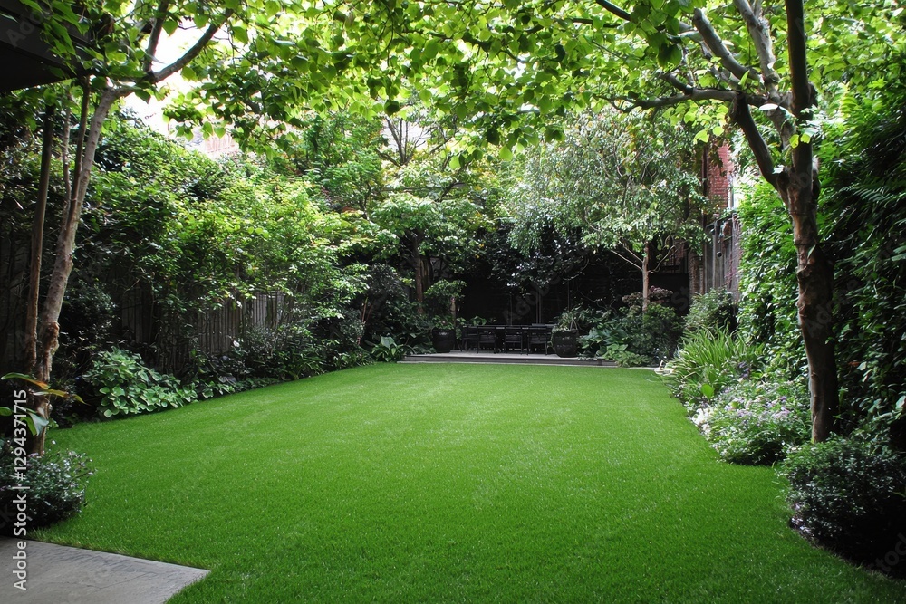 Obraz premium A vibrant green garden at the height of summer, with a variety of plants and flowers adding rich texture and color to the outdoor space. 