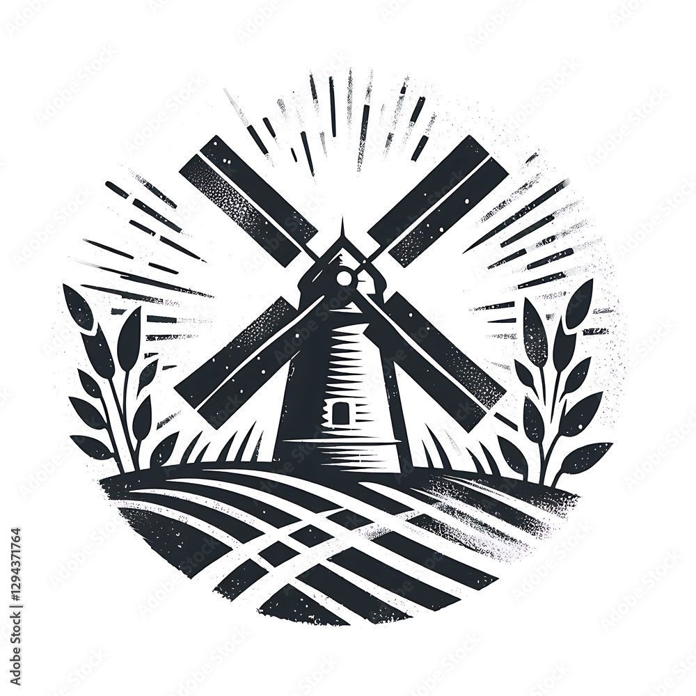 Fototapeta premium Vintage windmill graphic design on a circle with farmland and wheat.