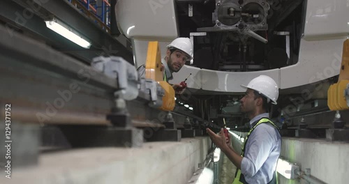 Specialist Rail engineers with a safety vest and PPE discussing train management and maintenance, electric train, rail transportation