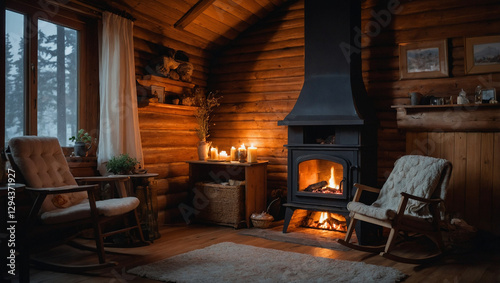 A quiet evening by the fireplace in a cozy wooden house. A warm blanket on a rocking chair, a book with a bookmark on the table. generative AI