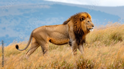Wallpaper Mural Majestic lion striding across african savanna, commanding power amongst golden grasses Torontodigital.ca